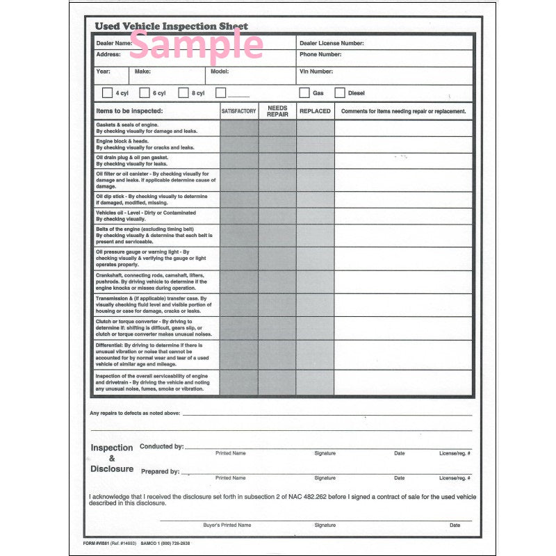 Nevada Vehicle Inspection Sheets